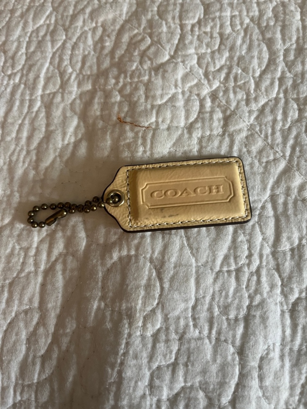 Coach Pale Yellow Leather Hang Tag Purse Charm Keychain with Brass Chain